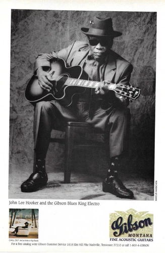 1995 John Lee Hooker Playing Gibson Guitar, Fine Acoustic, Vintage Print Ad