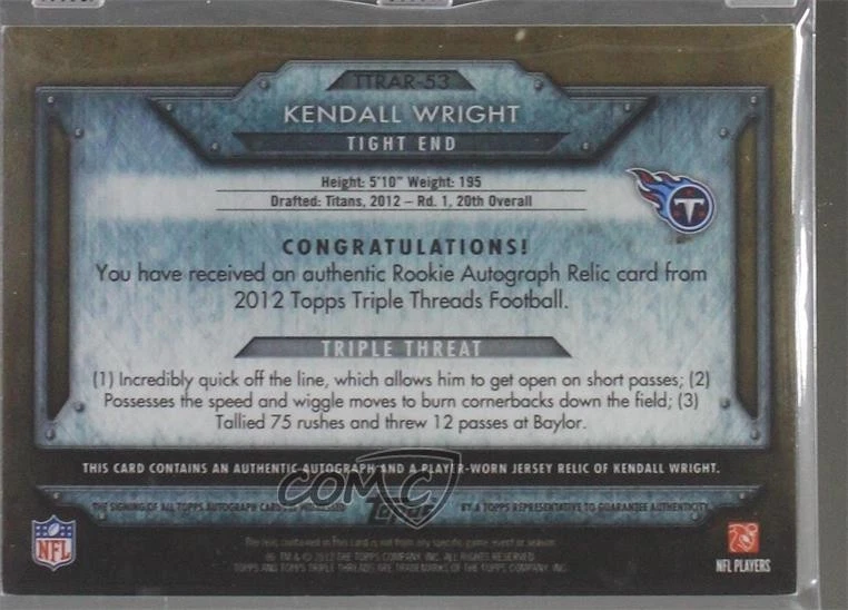 2012 Topps Triple Threads Rookie Relics Gold /25 Kendall Wright Auto RC - Image 2 of 2