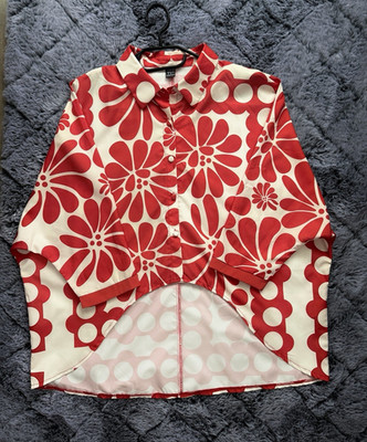 SHEIN Damen Tunika Bluse rot weiß Blumenmuster Langarm Kragen Knopfleiste Gr. M