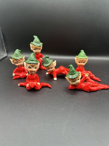 6 Vintage Mid Century Artmark Christmas Pixie Elf Ceramic Figurine Green Red 3"