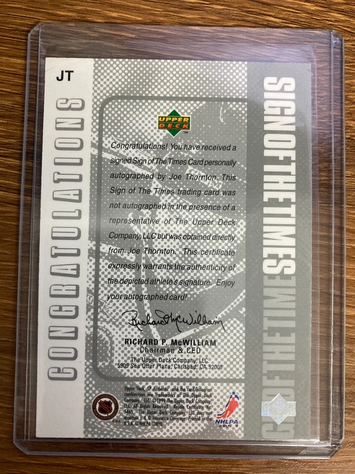 1998-99 Sp Authentic Sign Of The Times - Joe Thornton Auto - Bruins - Image 2 of 2