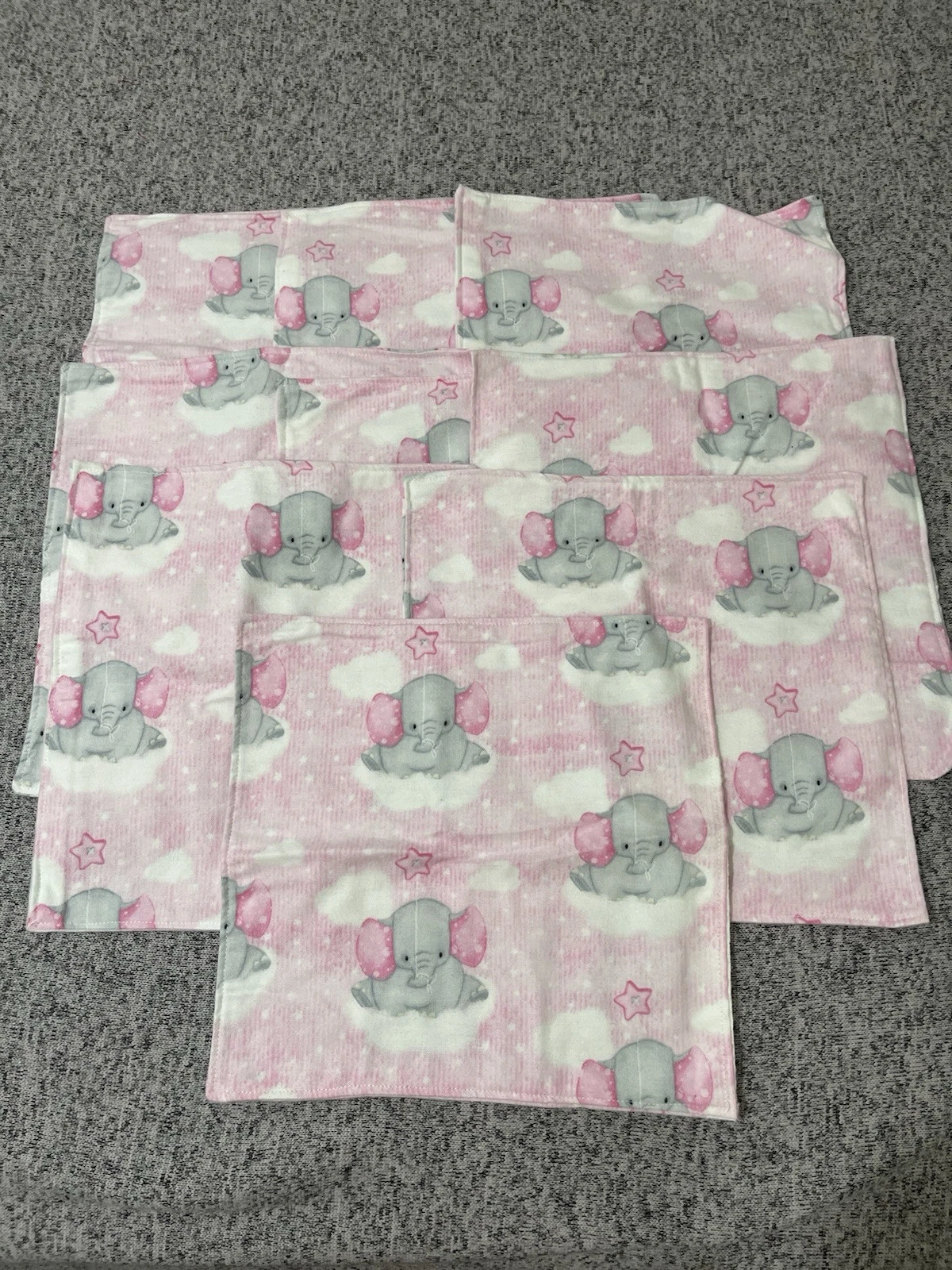 Pink & Gray Elephant W/ Star Flannelette Burp Cloths - 10.5” X 10.5” - (9 Pack)