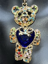 Rhinestone TEDDY BEAR Pendant Blue Heart Tummy 18  Necklace