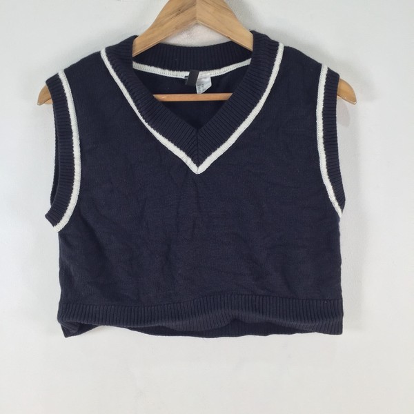 H&M womens knit crop vest size XS navy blue pullover Vneck sleeveless  116177