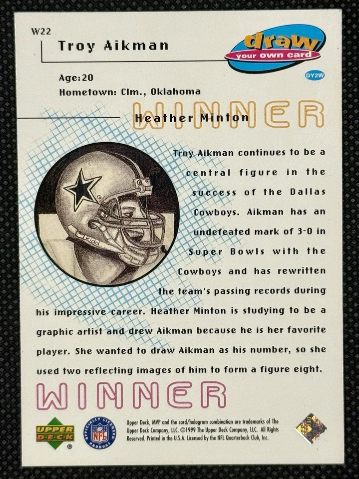 1999 Upper Deck MVP Draw Your Own Card Insert #W22 TROY AIKMAN Cowboys HOF - Image 2 of 2