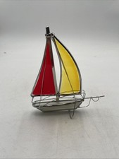 Stained Glass Sailboat Figurine With Yellow  Red Sails Metal Frame