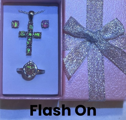 Elegant Pink Fire Opal Cross Necklace, Earrings, Bracelet, Ring Sz8.5 Set - Picture 5 of 9