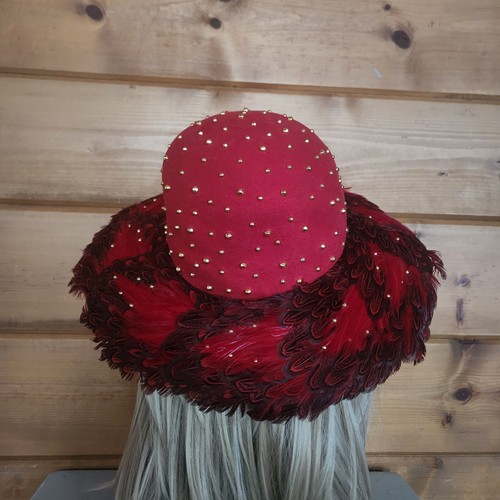 Mr. John Moderne Vintage Red 100% Felt Wool Feather Studs Wide Brim Hat USA RARE