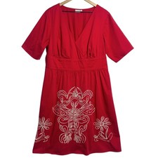 EShakti Dress Womens 2X Red Embroidered Floral Fit Flare V Neck Boho Knee Length