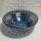 Windsor Indiana Iridescent Blue Carnival Glass Salad Serving Bowl Button & Cane