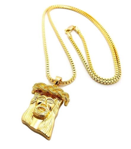 MENS NEW HIP HOP GOLD JESUS FACE MICRO MINI PENDANT 2MM 24" BOX CHAIN NECKLACE - Picture 2 of 3