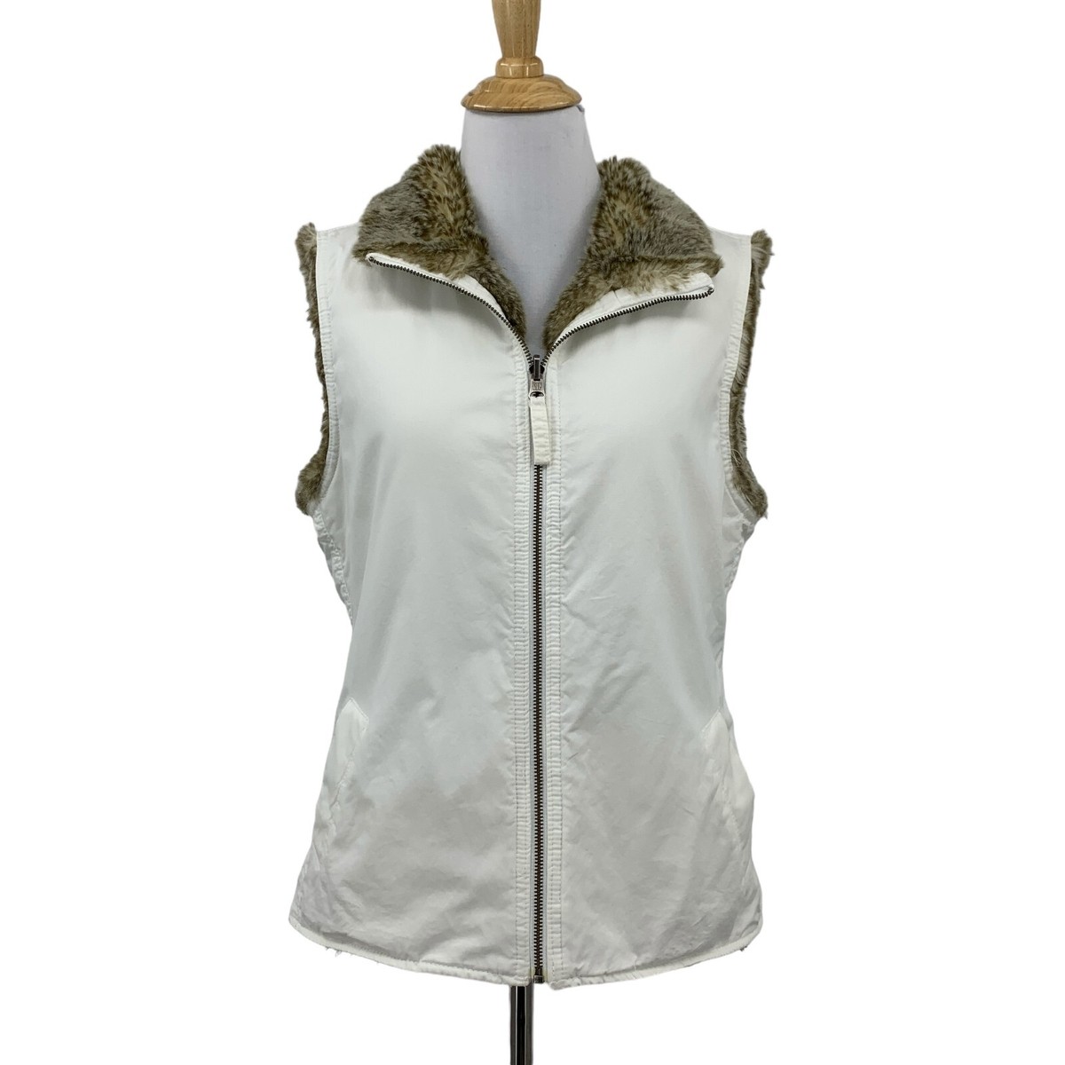 Gap Vest Womens M Medium Ivory Reversible Faux Fur Woven 