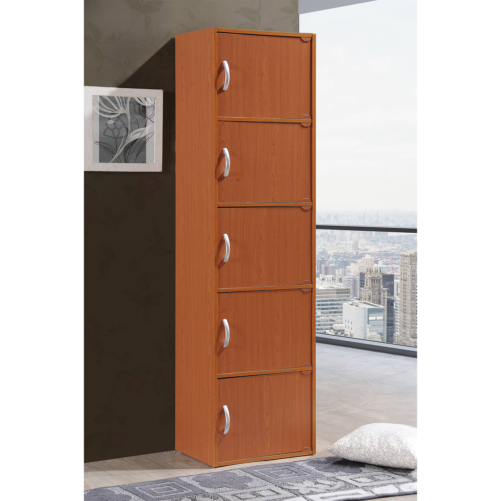 Hodedah 5 Shelf Home and Office Enclosed Organization Storage Cabinet, Cherry