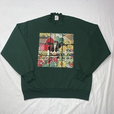 Vintage Cow Farm Animals Nature Sweatshirt Large Green USA 90s Grandma Core