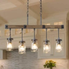 LNC Morice Farmhouse Linear Chandelier Light Black Mason Jar Shades & Faux Wood