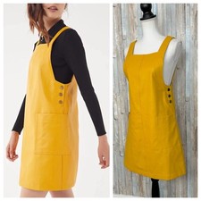 Urban Outfitters XS BDG Faux Leather Pinafore Jumper Dress Mustard Yellow Retro