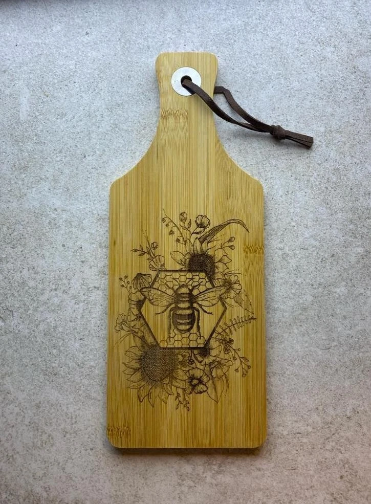 Artist Hand Drawn Bee Honeycomb Floral Design Paddle Shaped Serving Cheese Board
