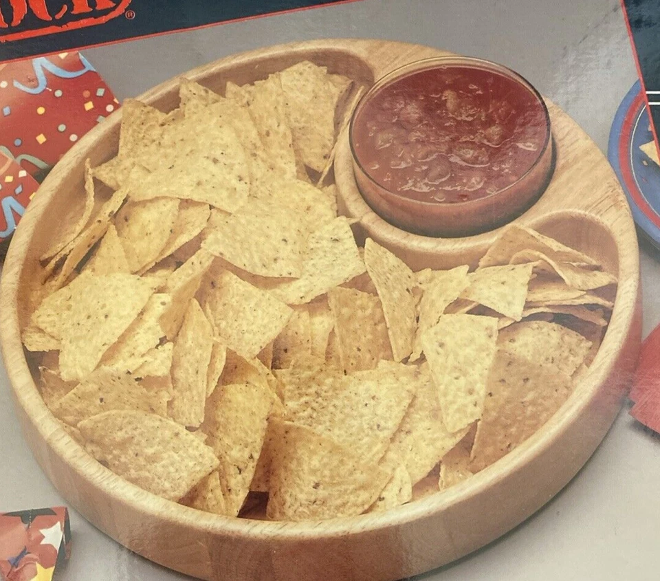 NIB Preferred Stock 12” Natural Hard Wood & Glass Bowl Chip & Dip Appetizer Set - Image 2 of 4