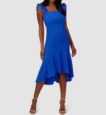 Adrianna Papell Women's Blue Crepe Satin Ruffled Square Neck Dress Size 2