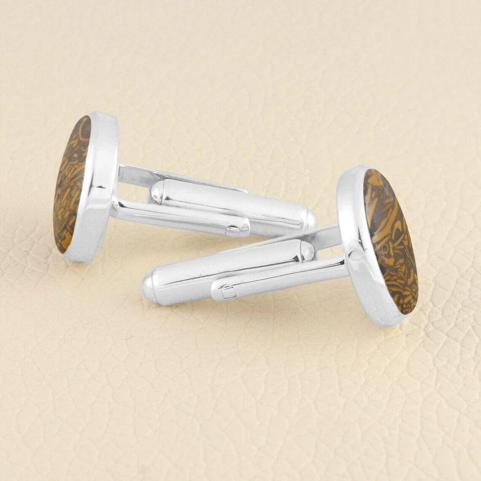 Gemelos de plata de ley 925 con piedras preciosas de jaspe para regalo especial de aniversario para hombre Foto 3 de 4