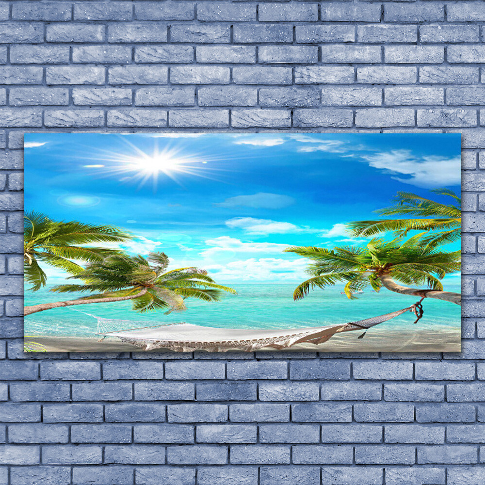 Tableau Plexiglas 140x70 Paysage Palmiers Hamac Cadre Lumineux pour Grand Mur Vide