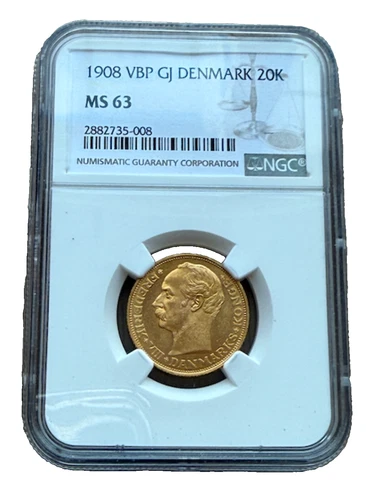 Denmark 1908 Gold 20 Kroner NGC MS63 Frederik VIII
