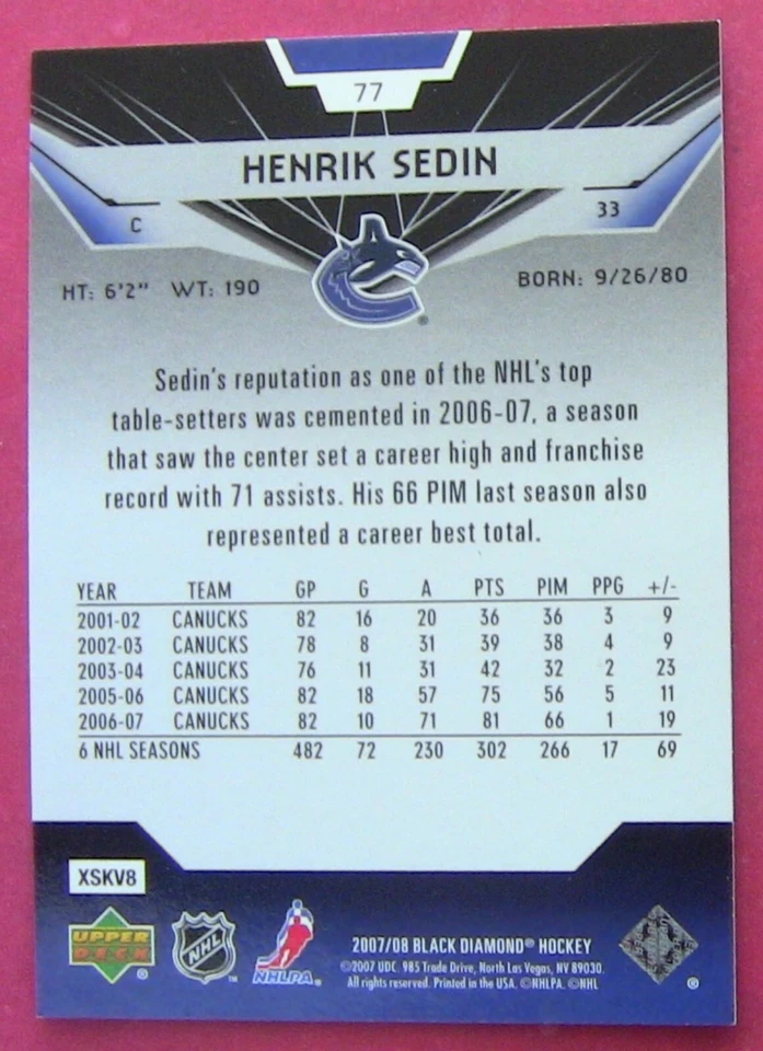 HENRIK SEDIN, 2007-08 UPPER DECK BLACK DIAMOND #77 - Image 3 of 3