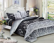 Black Paisley/Floral Bedding Set: 1 Duvet Cover 2 Pillow Shams Queen/King/Cal K