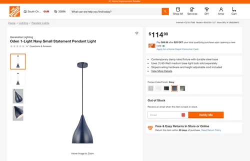 Navy Generation Lighting Visual Comfort Oden 1 Light 9 Inch Pendant 6545301-127 - Picture 5 of 5