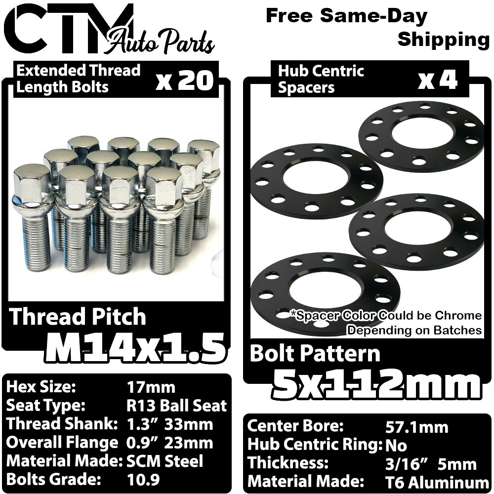 4x 5mm Thick 5x112 57.1mm CB Wheel Spacer Chrome Bolt Audi McLaren Stock Wheels