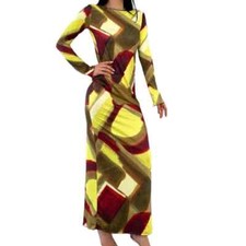 Zara Long Sleeve Yellow and Brown Printed Backless Maxi Dress Size XS