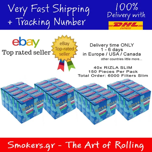 40x RIZLA SLIM CIGARETTE ROLLING FILTER TIPS 6mm (40packs X 150 TIPS)