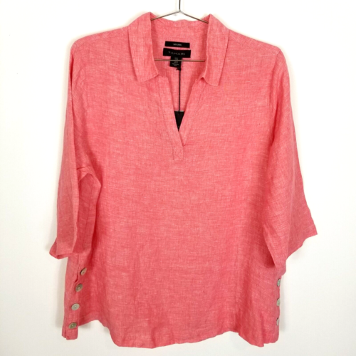 Tahari Womens Linen Tunic Side Button 3/4 Sleeve Popover Shirt Plus Size 1X Pink