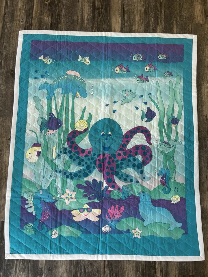 Manta colcha vintage años 90 bebé niño pez marino pulpo azul verde azulado púrpura Foto 2 de 4