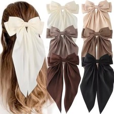 Set of 6 Oversized Satin Bow Hair Clips Long Ribbon Silk Bowknot Multi Color