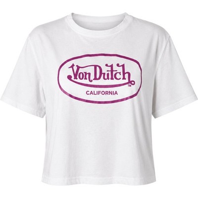Von Dutch Damen weißes Grafik Cropped T-Shirt Größe 16 Rosa Logo Freizeit Y2K Top