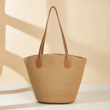 Woven Straw Tote Bag Women Casual Striped Shoulder Handbag Large Capacity