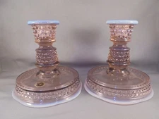 Pr Vintage Westmoreland Glass Lilac Purple Opalescent Hobnail Candlesticks 4 5/8