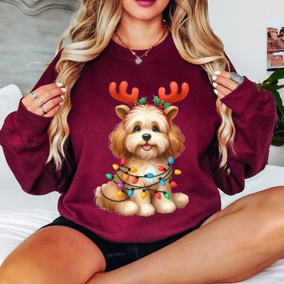 Weihnachten Hund Rentier Geweih Damen Sweatshirt Urlaub Damen Pullover -i