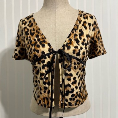 French Pastry Leopard Print Tie Front Crop Top Y2K Coquette Knit Blouse L