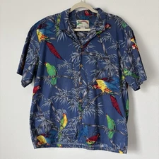 Vintage Paradise Found Shirt Mens Large Blue Tropical Birds Macaw Parrot Aloha