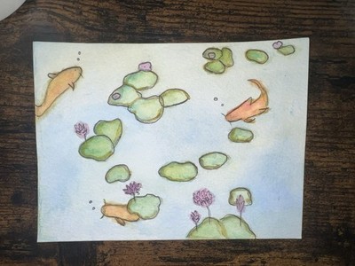 Original Watercolor Drawing Fish, Lily Pads, Water, Flowers Illustration Art