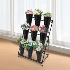 Flower Display Stand Plant Rack W/ Buckets Metal Mobile Florist Bouquet Holder