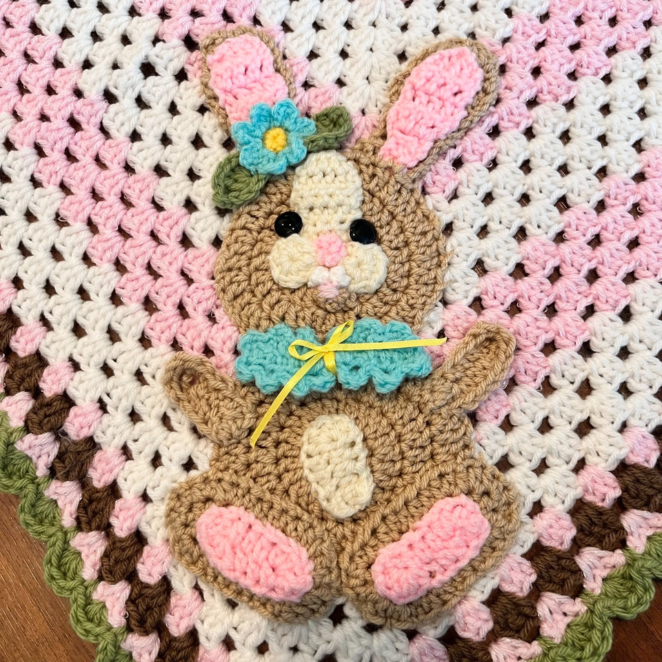 Handmade Crocheted Baby Blanket Bunny White Pink Green Colorful Soft | eBay
