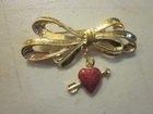 Vintage 2 Piece Set Of PHISTER Bow Brooch With Hanging HEART Charm 3” Gold Korea