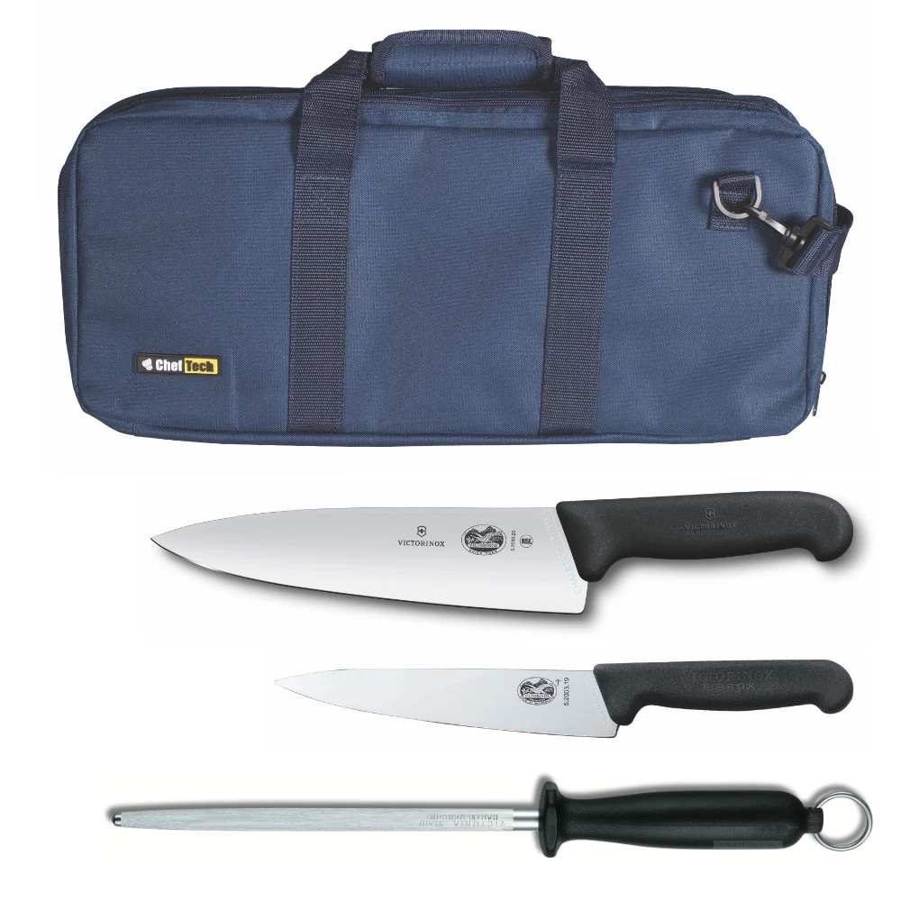 4pc Chef Starter Knife Set Blue Bag & Victorinox 15cm Cook & 20cm Knives & Steel