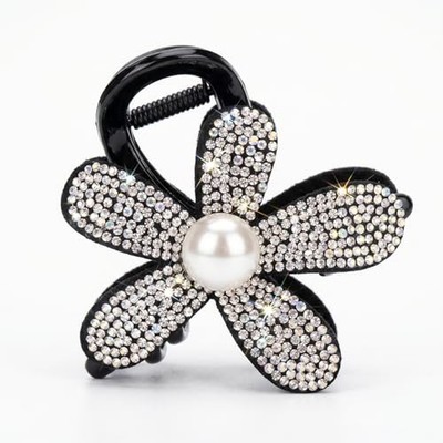 Elegant Rhinestone Flower Hair Claw Clip for Women, Sparkly Silver White