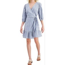 Tommy Hilfiger XXL Blue White Striped Wrap Dress Fluted Trim Nautical Preppy 