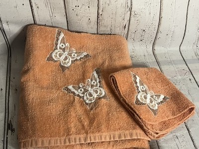 Vintage After Bath Luxury Peach Butterfly Embroidered Towels Cotton