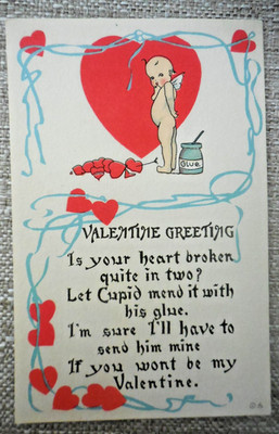 Valentine Greeting Cupid Kewpie Mends Heart Unused Valentine's Day Postcard